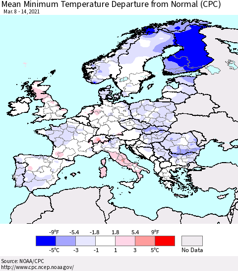 Europe Mean Minimum Temperature Departure from Normal (CPC) Thematic Map For 3/8/2021 - 3/14/2021