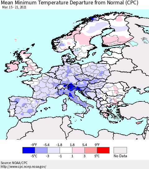 Europe Mean Minimum Temperature Departure from Normal (CPC) Thematic Map For 3/15/2021 - 3/21/2021