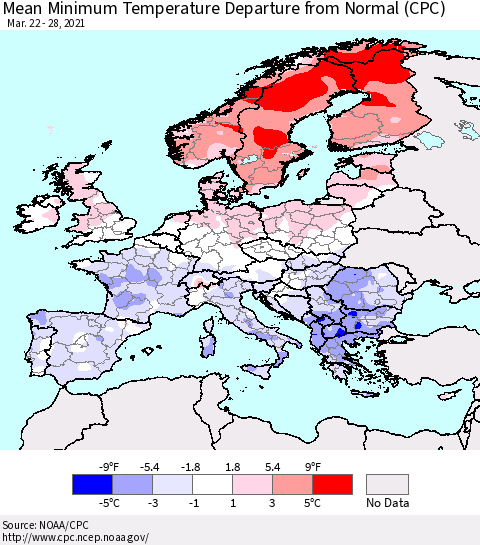 Europe Mean Minimum Temperature Departure from Normal (CPC) Thematic Map For 3/22/2021 - 3/28/2021