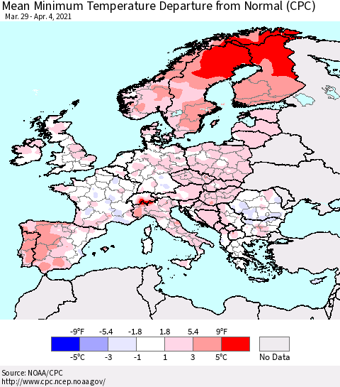 Europe Mean Minimum Temperature Departure from Normal (CPC) Thematic Map For 3/29/2021 - 4/4/2021