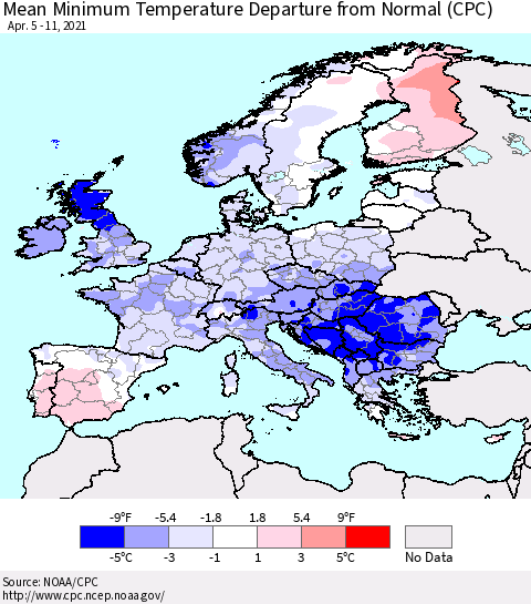 Europe Mean Minimum Temperature Departure from Normal (CPC) Thematic Map For 4/5/2021 - 4/11/2021