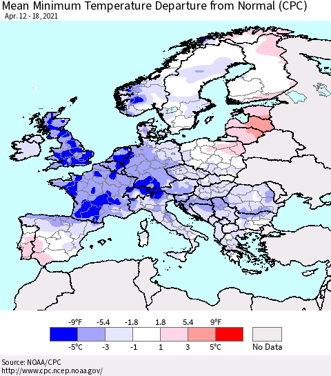 Europe Mean Minimum Temperature Departure from Normal (CPC) Thematic Map For 4/12/2021 - 4/18/2021