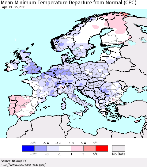 Europe Mean Minimum Temperature Departure from Normal (CPC) Thematic Map For 4/19/2021 - 4/25/2021