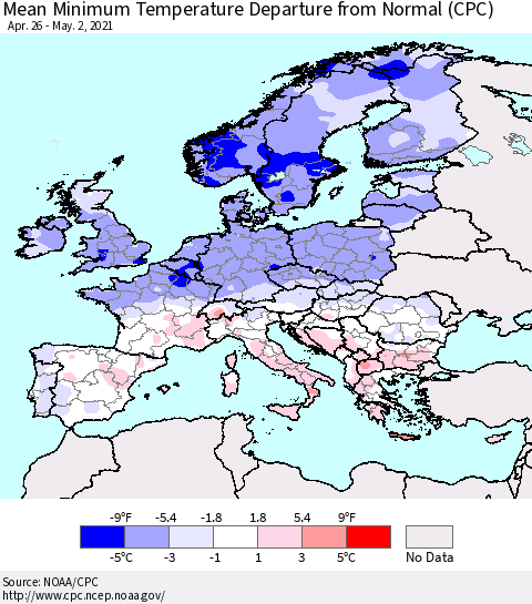 Europe Mean Minimum Temperature Departure from Normal (CPC) Thematic Map For 4/26/2021 - 5/2/2021