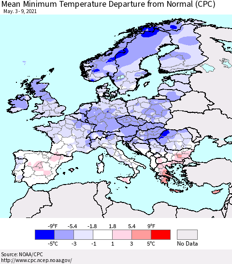 Europe Mean Minimum Temperature Departure from Normal (CPC) Thematic Map For 5/3/2021 - 5/9/2021