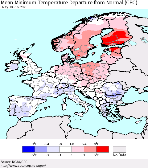 Europe Mean Minimum Temperature Departure from Normal (CPC) Thematic Map For 5/10/2021 - 5/16/2021