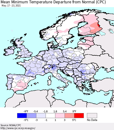 Europe Mean Minimum Temperature Departure from Normal (CPC) Thematic Map For 5/17/2021 - 5/23/2021