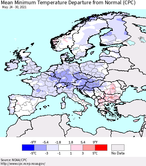 Europe Mean Minimum Temperature Departure from Normal (CPC) Thematic Map For 5/24/2021 - 5/30/2021