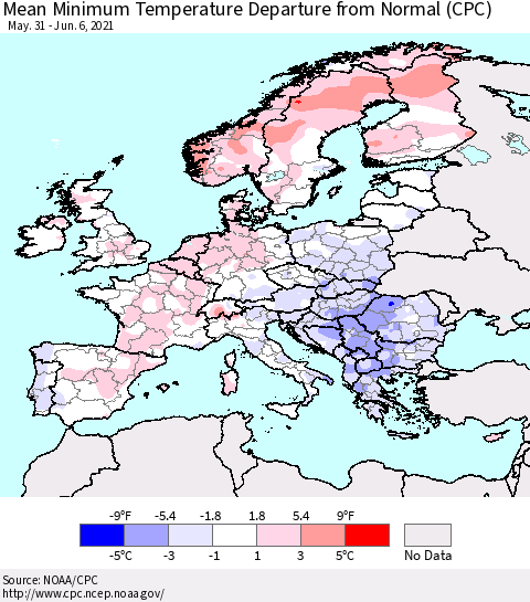 Europe Mean Minimum Temperature Departure from Normal (CPC) Thematic Map For 5/31/2021 - 6/6/2021