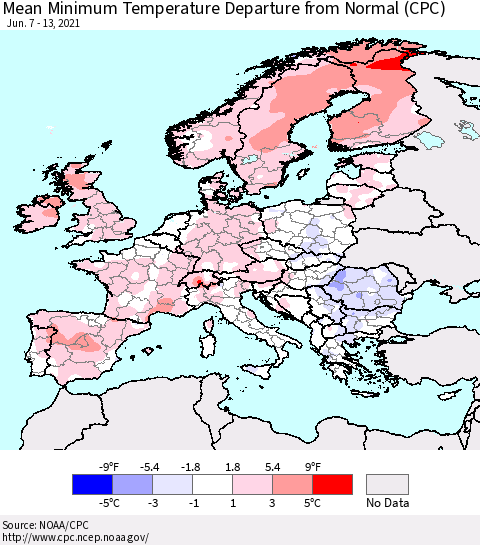 Europe Mean Minimum Temperature Departure from Normal (CPC) Thematic Map For 6/7/2021 - 6/13/2021