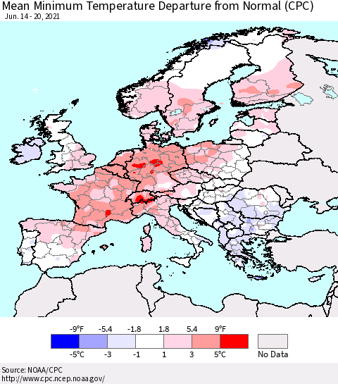 Europe Mean Minimum Temperature Departure from Normal (CPC) Thematic Map For 6/14/2021 - 6/20/2021