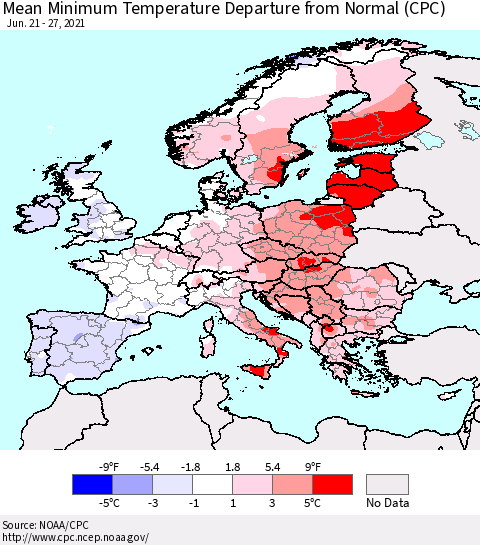 Europe Mean Minimum Temperature Departure from Normal (CPC) Thematic Map For 6/21/2021 - 6/27/2021