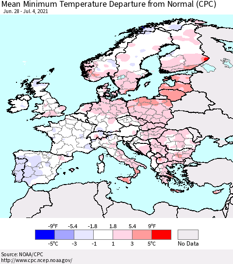 Europe Mean Minimum Temperature Departure from Normal (CPC) Thematic Map For 6/28/2021 - 7/4/2021