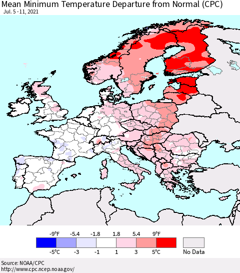 Europe Mean Minimum Temperature Departure from Normal (CPC) Thematic Map For 7/5/2021 - 7/11/2021