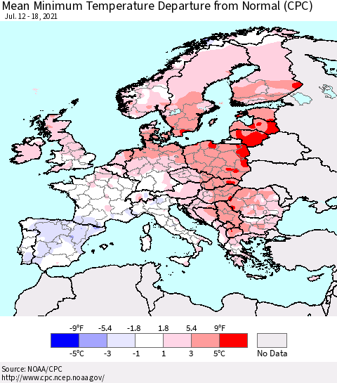 Europe Mean Minimum Temperature Departure from Normal (CPC) Thematic Map For 7/12/2021 - 7/18/2021