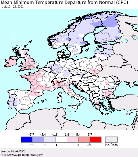 Europe Mean Minimum Temperature Departure from Normal (CPC) Thematic Map For 7/19/2021 - 7/25/2021