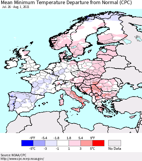 Europe Mean Minimum Temperature Departure from Normal (CPC) Thematic Map For 7/26/2021 - 8/1/2021