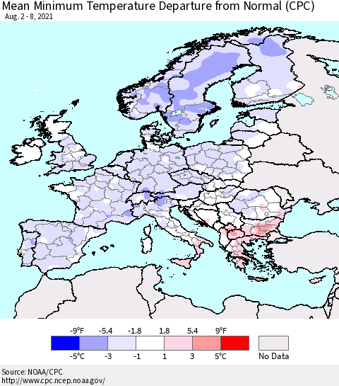 Europe Mean Minimum Temperature Departure from Normal (CPC) Thematic Map For 8/2/2021 - 8/8/2021