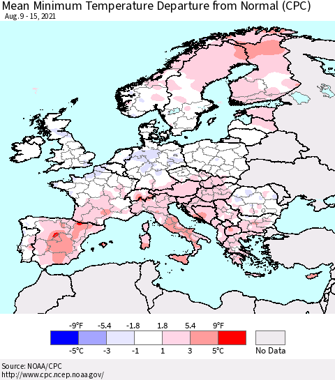 Europe Mean Minimum Temperature Departure from Normal (CPC) Thematic Map For 8/9/2021 - 8/15/2021