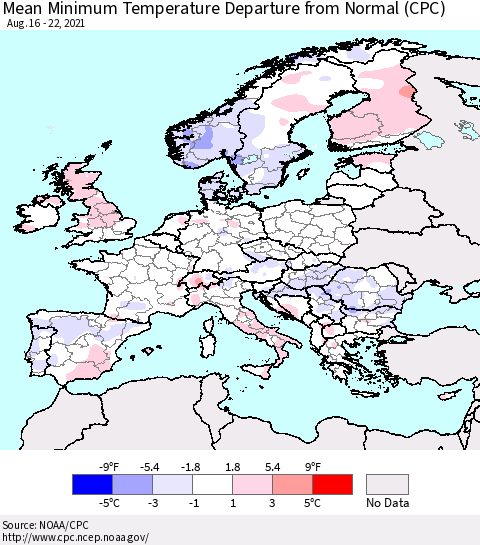 Europe Mean Minimum Temperature Departure from Normal (CPC) Thematic Map For 8/16/2021 - 8/22/2021