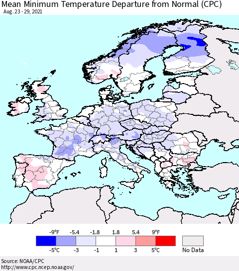 Europe Mean Minimum Temperature Departure from Normal (CPC) Thematic Map For 8/23/2021 - 8/29/2021
