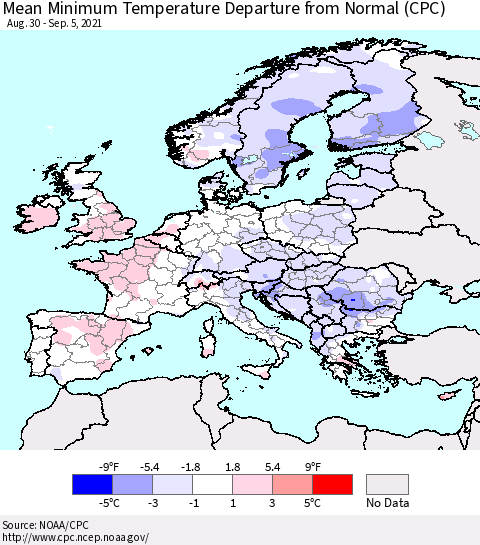 Europe Mean Minimum Temperature Departure from Normal (CPC) Thematic Map For 8/30/2021 - 9/5/2021