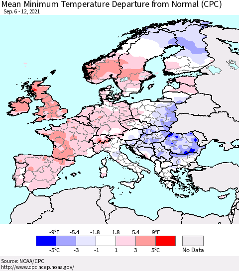 Europe Mean Minimum Temperature Departure from Normal (CPC) Thematic Map For 9/6/2021 - 9/12/2021