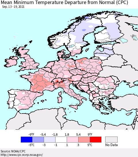 Europe Mean Minimum Temperature Departure from Normal (CPC) Thematic Map For 9/13/2021 - 9/19/2021