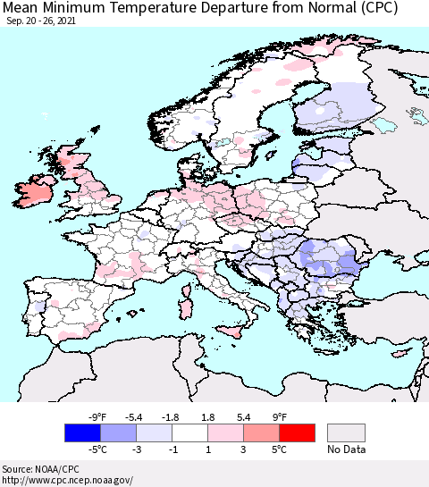 Europe Mean Minimum Temperature Departure from Normal (CPC) Thematic Map For 9/20/2021 - 9/26/2021