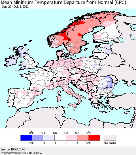 Europe Mean Minimum Temperature Departure from Normal (CPC) Thematic Map For 9/27/2021 - 10/3/2021
