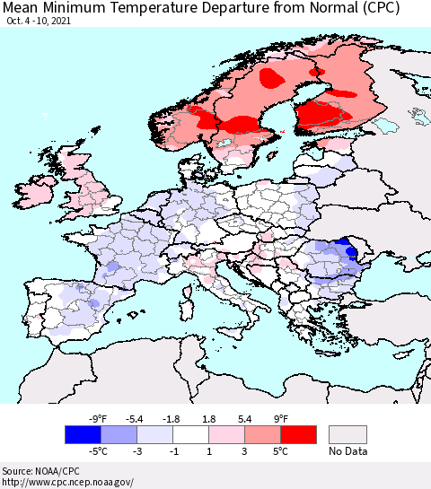 Europe Mean Minimum Temperature Departure from Normal (CPC) Thematic Map For 10/4/2021 - 10/10/2021