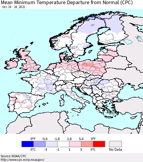 Europe Mean Minimum Temperature Departure from Normal (CPC) Thematic Map For 10/18/2021 - 10/24/2021