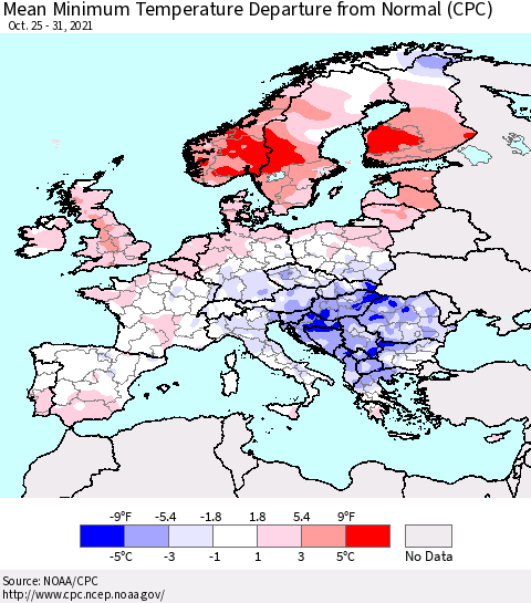 Europe Mean Minimum Temperature Departure from Normal (CPC) Thematic Map For 10/25/2021 - 10/31/2021