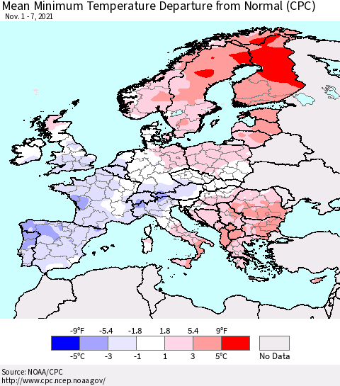 Europe Mean Minimum Temperature Departure from Normal (CPC) Thematic Map For 11/1/2021 - 11/7/2021