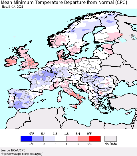 Europe Mean Minimum Temperature Departure from Normal (CPC) Thematic Map For 11/8/2021 - 11/14/2021