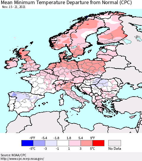 Europe Mean Minimum Temperature Departure from Normal (CPC) Thematic Map For 11/15/2021 - 11/21/2021