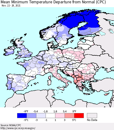 Europe Mean Minimum Temperature Departure from Normal (CPC) Thematic Map For 11/22/2021 - 11/28/2021