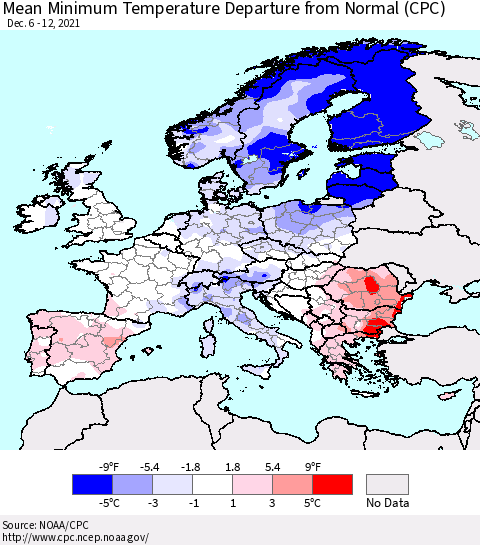 Europe Mean Minimum Temperature Departure from Normal (CPC) Thematic Map For 12/6/2021 - 12/12/2021