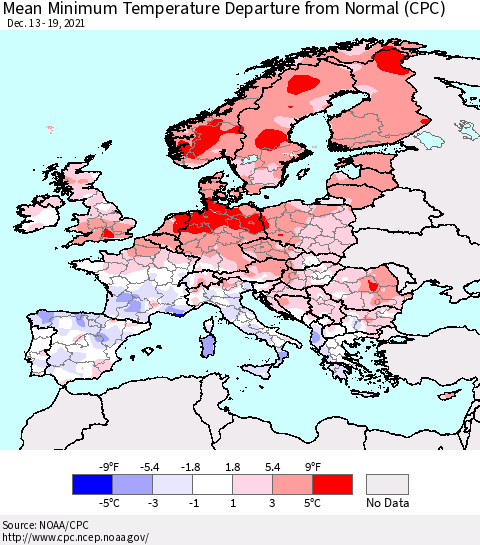 Europe Mean Minimum Temperature Departure from Normal (CPC) Thematic Map For 12/13/2021 - 12/19/2021