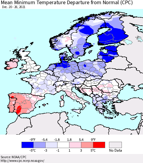 Europe Mean Minimum Temperature Departure from Normal (CPC) Thematic Map For 12/20/2021 - 12/26/2021