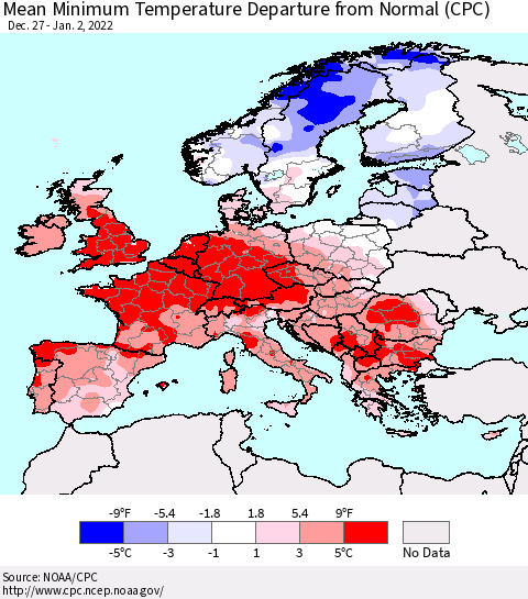 Europe Mean Minimum Temperature Departure from Normal (CPC) Thematic Map For 12/27/2021 - 1/2/2022