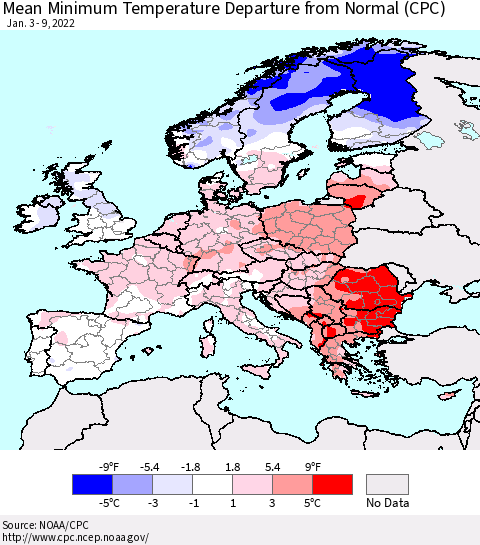 Europe Mean Minimum Temperature Departure from Normal (CPC) Thematic Map For 1/3/2022 - 1/9/2022