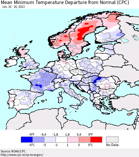 Europe Mean Minimum Temperature Departure from Normal (CPC) Thematic Map For 1/10/2022 - 1/16/2022