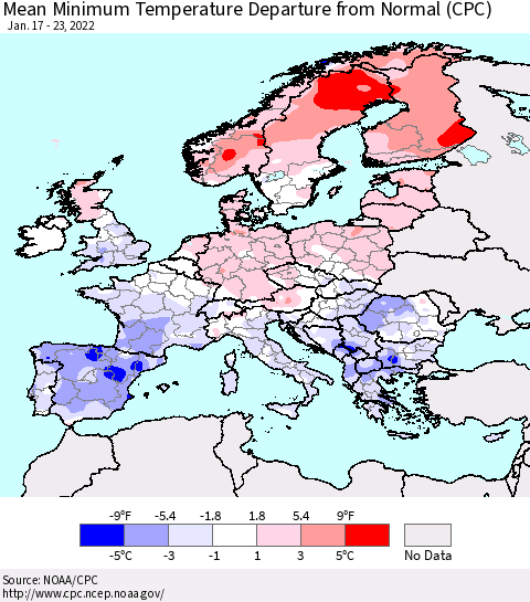 Europe Mean Minimum Temperature Departure from Normal (CPC) Thematic Map For 1/17/2022 - 1/23/2022
