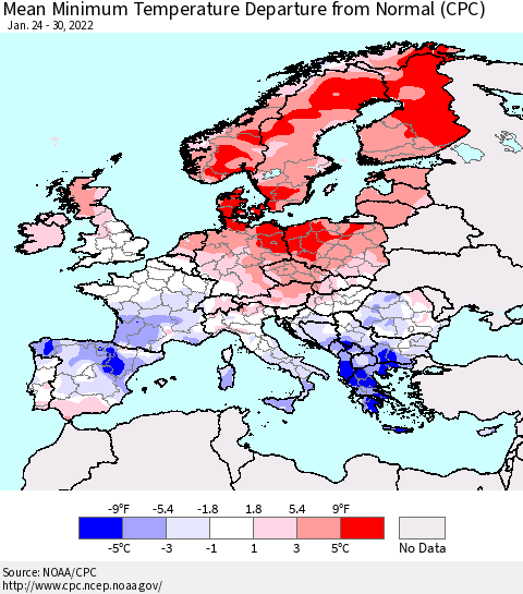 Europe Mean Minimum Temperature Departure from Normal (CPC) Thematic Map For 1/24/2022 - 1/30/2022