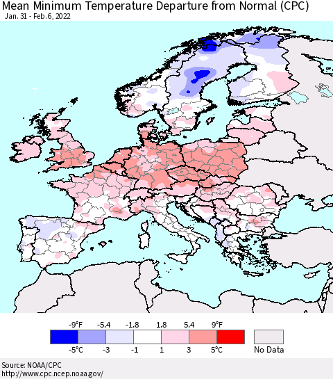 Europe Mean Minimum Temperature Departure from Normal (CPC) Thematic Map For 1/31/2022 - 2/6/2022