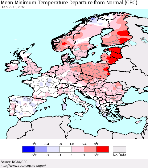 Europe Mean Minimum Temperature Departure from Normal (CPC) Thematic Map For 2/7/2022 - 2/13/2022