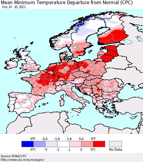Europe Mean Minimum Temperature Departure from Normal (CPC) Thematic Map For 2/14/2022 - 2/20/2022