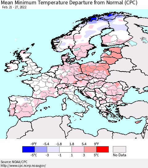 Europe Mean Minimum Temperature Departure from Normal (CPC) Thematic Map For 2/21/2022 - 2/27/2022