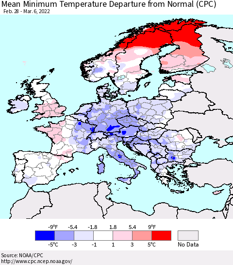 Europe Mean Minimum Temperature Departure from Normal (CPC) Thematic Map For 2/28/2022 - 3/6/2022